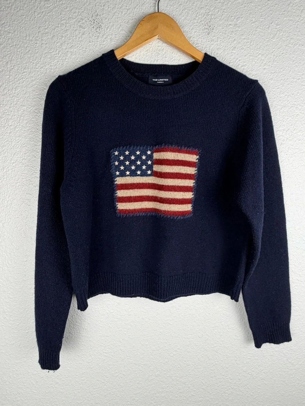 The Limited Wool navy blue American flag knit sweater flag graphic size Large
